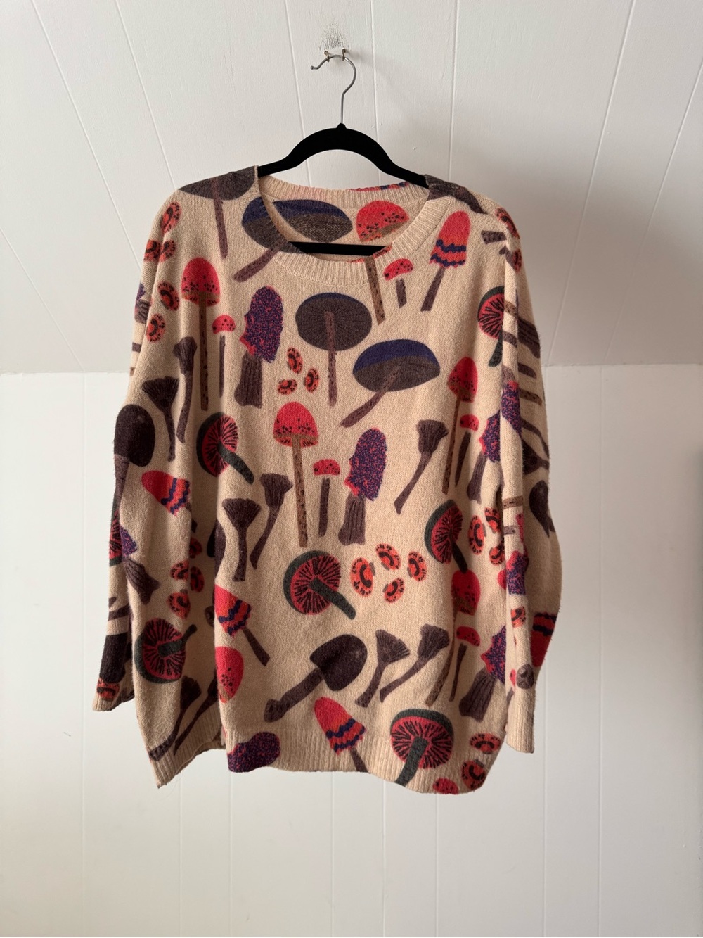 Mushroom Print Crewneck Sweater, Size L